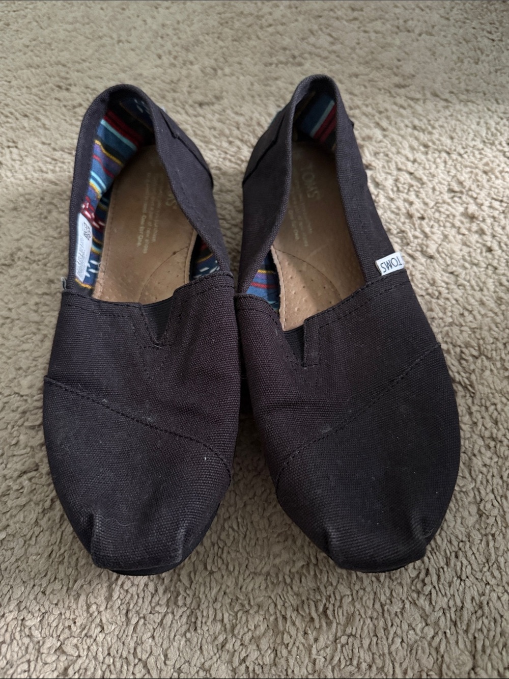 Toms Black Canvas Slip-On Flats with Striped Lining sz 8.5
